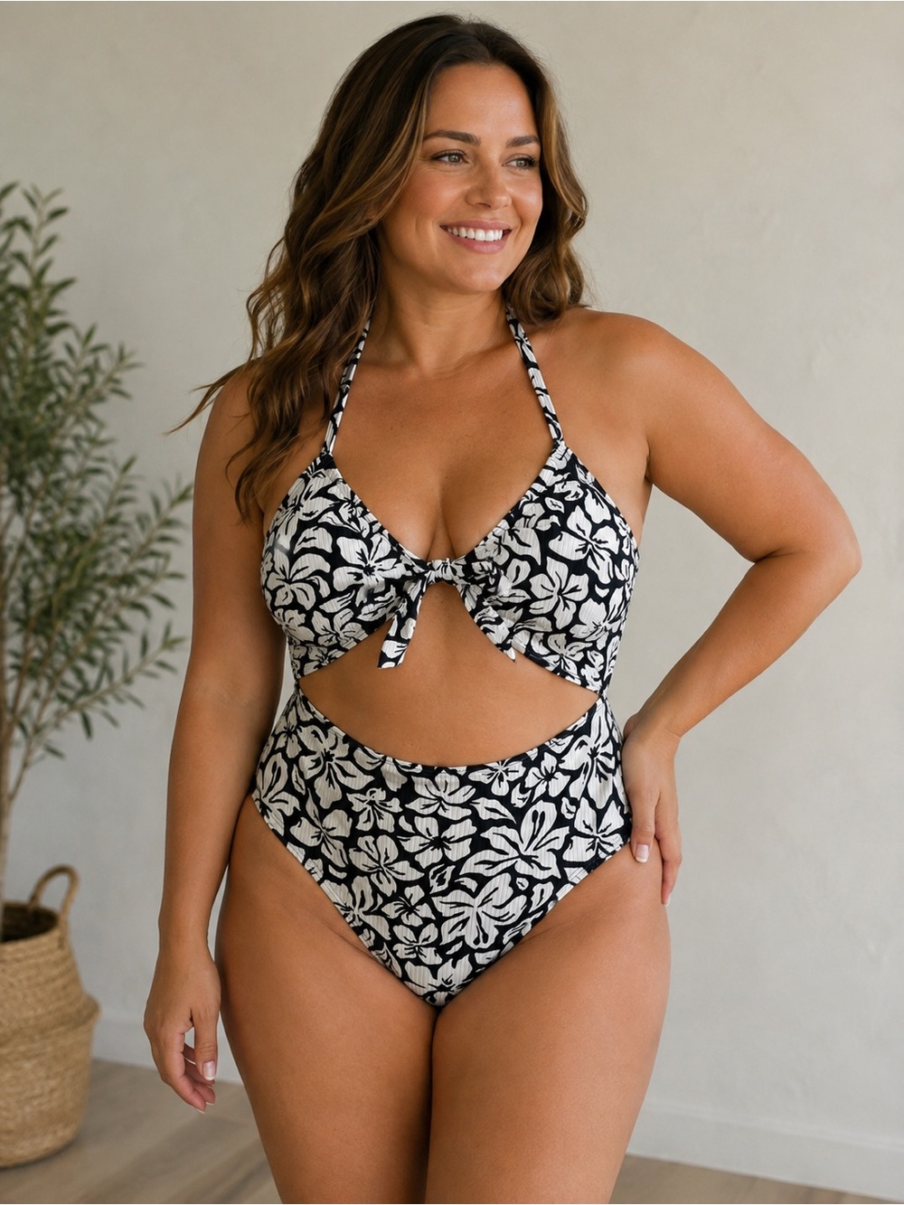 Rip Curl Black & White Floral Cutout One-Piece Swimsuit